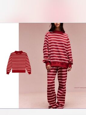 PARKE Valentines Day Red/White Stripe Mockneck Pants Coord Set S/M XS NWT NEW